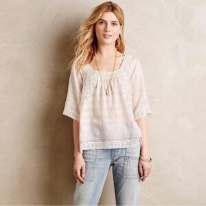 Anthropologie Holding Horses White Cotton Gauze Plaid Lace Trim Top Blouse sz 8